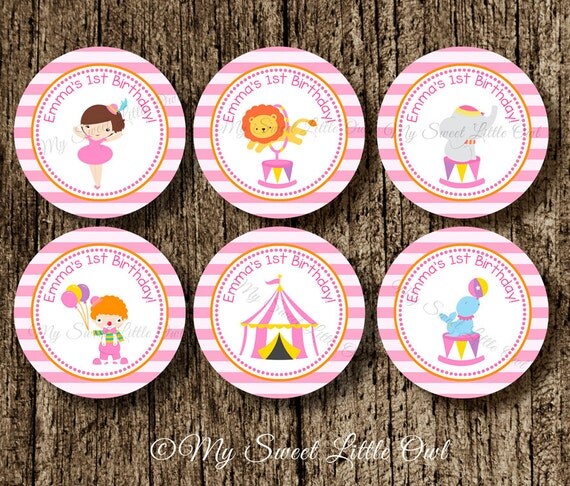 Circus Cupcake topper - pink circus favor tag - circus birthday - girl circus printable - circus sticker - carnival label - circus label Il_570xn