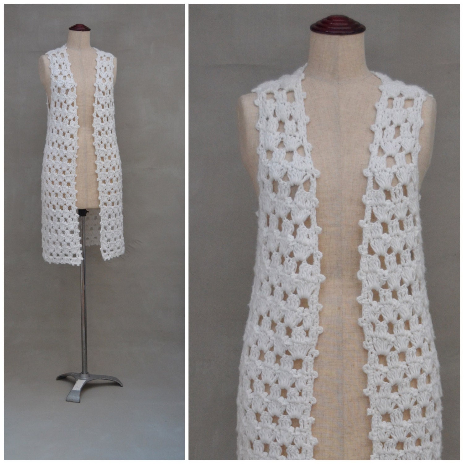 Vintage waistcoat 1970's long crochet vest white hand