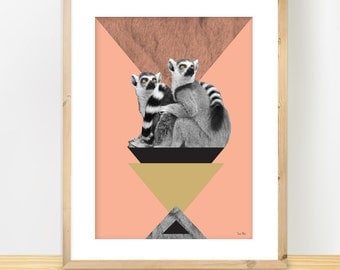Trendy Modern Print, Lemures Poster, Minimalist Print, Modern Collage, Geometric Art, Triangles Pyramide Art, Pink & Gold, A3 print