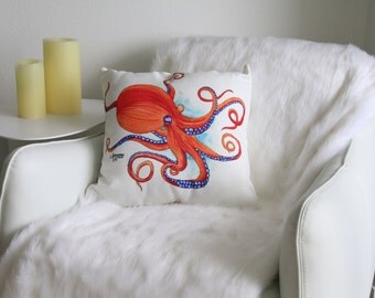 Orange Octopus Pillow, Sea Creature Pillow, Octopus Art, Octopus Pillow, Nautical Pillow, Accent Pillow, Coastal Throw Pillow Cover