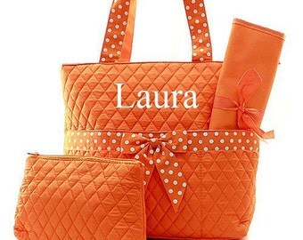 Monogrammed Diaper Bag for Boy or Girl Orange White Polkadots Monogrammed Diaper Bag Diaper Bag for Girl or Boy