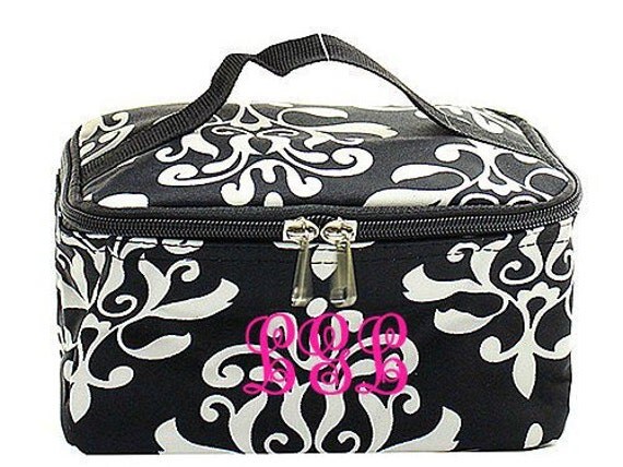 Monogrammed Cosmetic Bag Black and White Damask Cosmetic Bag