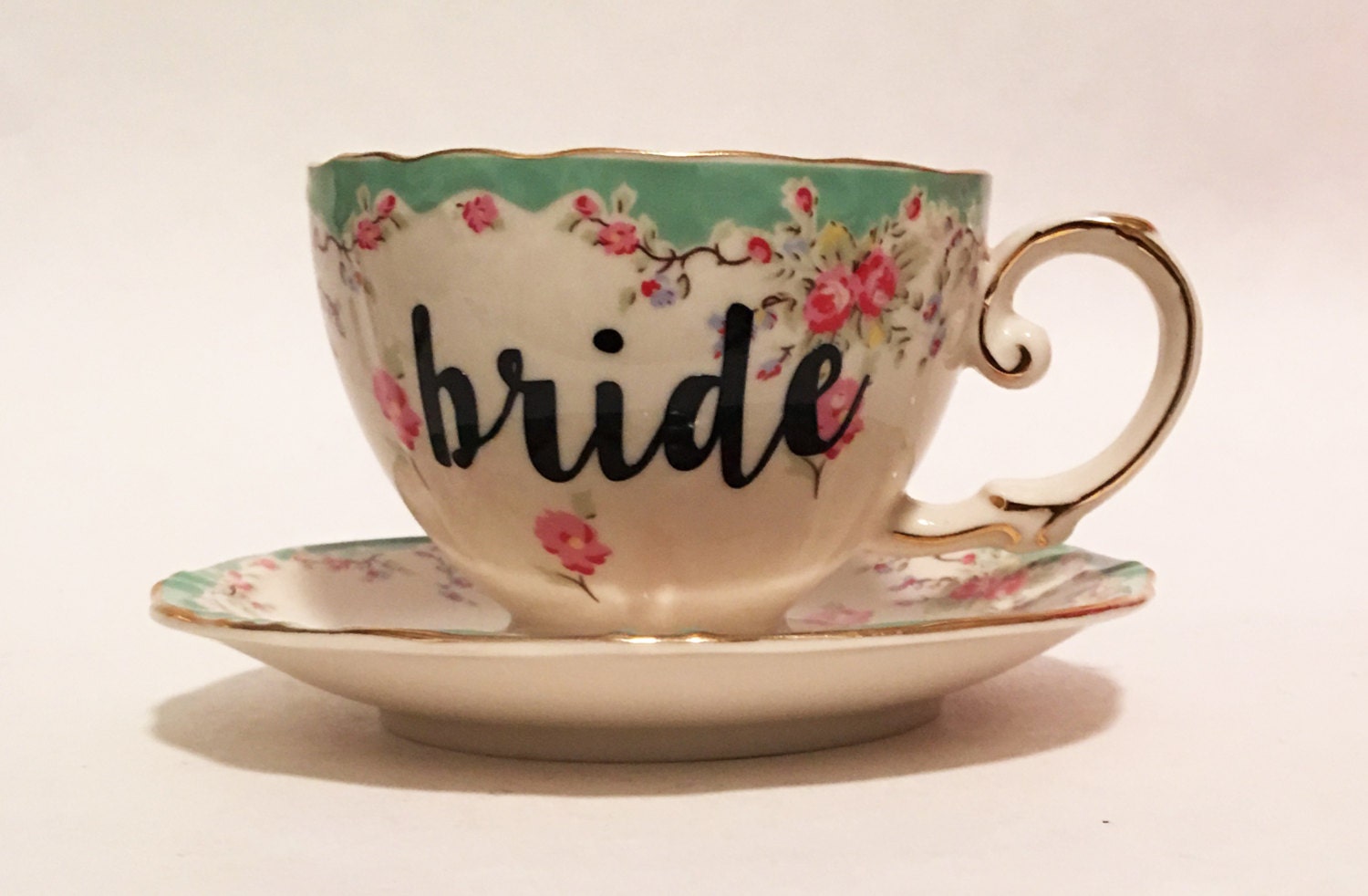 Bride Teacup Floral Bride Tea Cup Sea Foam Green and Pink