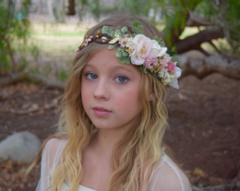 Blush, Ivory & Gold Flower Crown - Blush Flower Girl Crown - Photo Prop - Bridal Flower Crown- Blush Hair Wreath - Pink Baby Flower Crown