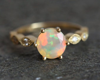 Ethiopian Opal Ring, Opal Engagement Ring, Welo opal Ring, Opal Diamond Ring, Round Opal Ring, Vintage Opal Ring