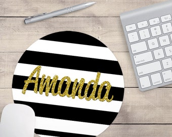 Gold Glitter Mouse Pad, Glitz Mouse Pad, Black and White Stripes Mouse Pad, Personalized Mouse Pad, Name On Mouse Pad (0054)