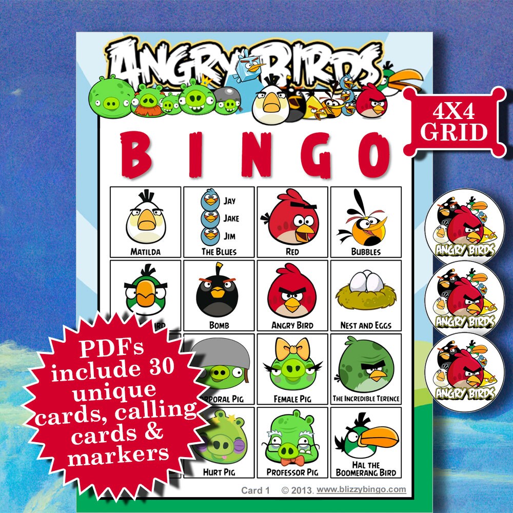 ANGRY BIRDS 4x4 Bingo printable PDFs contain everything you