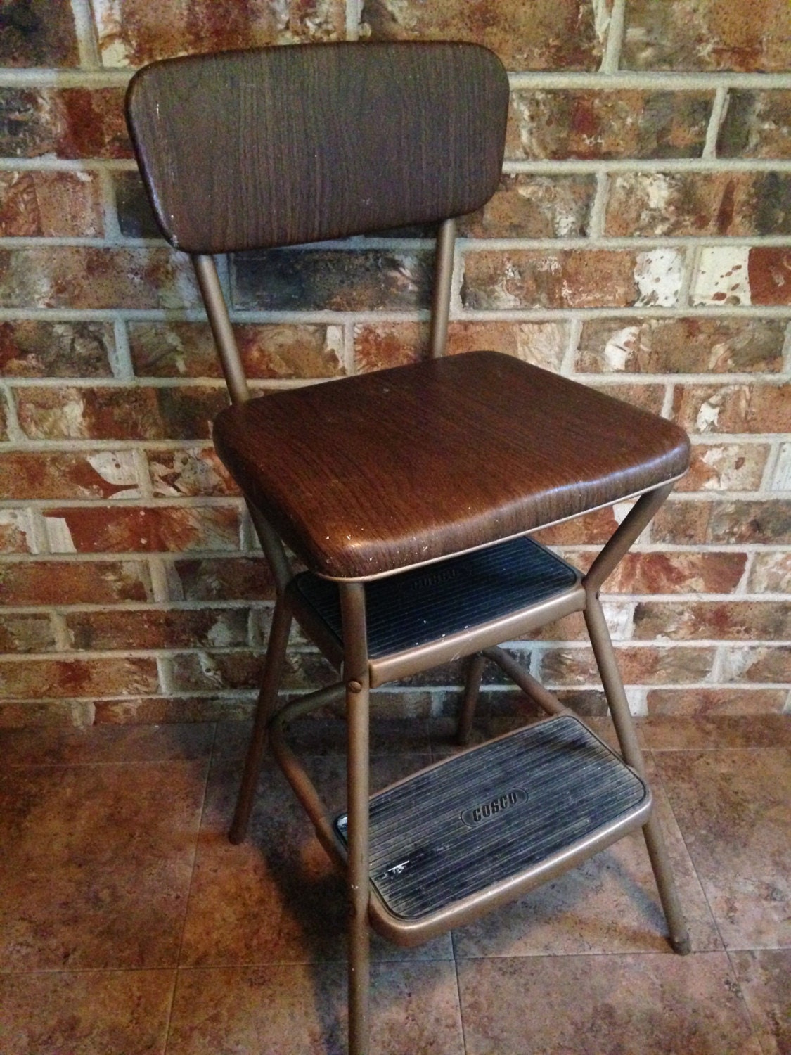 Retro Cosco brown kitchen chair stool with faux wood vinyl Haute Juice