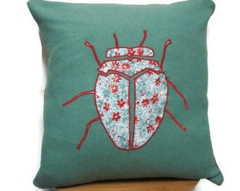 SALE Appliqué Cushion in Tweed, Appliqué Pillow in Tweed, Cushion with piping, Pillow with piping, Beetle Cushion, Beetle Pillow
