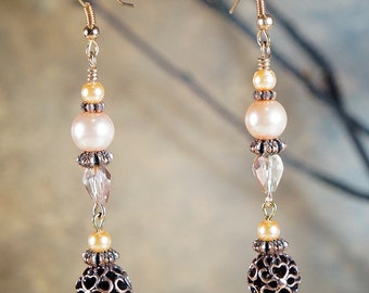 Earrings, Copper Tone Earrings, Peach Earrings, Glass Pearl Earrings, Peach Crystal Earrings, Fashion Jewelry, Bridal Jewelry, Prom Jewelry