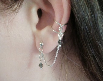Silver Chain Ear Cuff with Stud Black Diamond Swarovski Crystals Silver plated Chain Ear Wrap