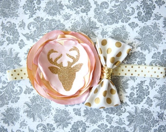Beautiful Deer Headband, Pink Gold Ivory Satin Couture Floral Deer Headband for First Birthday Baby Girl 6-18 Months Gold Polka Dot Headband