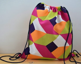 String backpack,geometric backpack,colors print fabric,geometric fabric,fabric backpack,draw string backpack,draw string bag,pink backpack