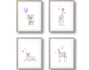 Safari Nursery Art, Set of 4 Prints, Elephant, Giraffe, Lion, Zebra, Lavender Nursery, Baby Animal Art, Childrens Wall Decor, Jungle Prints