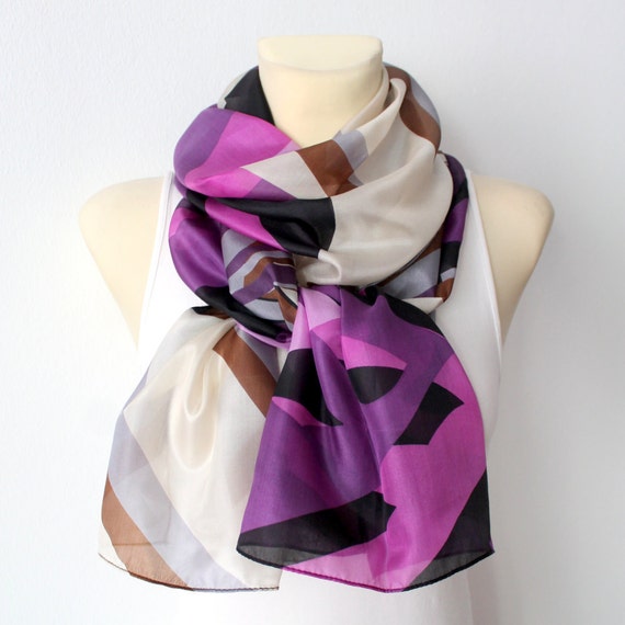 Silk Scarf for Women Autumn Silk Scarf Purple White Scarf