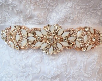 Rose Gold Bridal Belt on Ribbon Sash - Rose Gold Bridal Sash - opal bridal belt- Rose Gold Belt -EYMbellish - champagne bridal belt B054