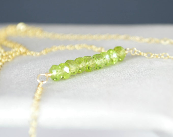 Peridot Necklace, Gem Bar, Dainty 14k Gold Fill, Sterling Silver, Rose Gold, Green Necklace, Faceted Peridot, Bar Necklace, Gold