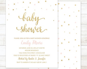 baby shower invitation, pink gold baby girl shower invitation, pink gold confetti baby shower invitation, printable shower digital invite