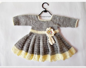 Crochet Baby Dress, Newborn dress, gray baby dress, baby girl dress, Baby dress, Gray champagne dress, knit baby dress