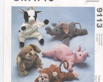 Toy Animals Bean Bag Animals Beanie Babies Cow Elephant Pig Dog Puppy Monkey Baby Elephant Bambini Toy Patterns McCall's Craft Pattern 9113