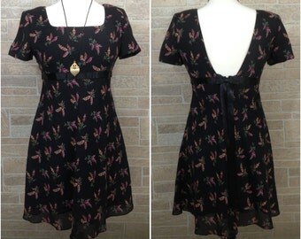 90s short black flirty dress with purple foxglove flowers - Large