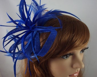 Royal Cobalt Blue Feather Spray Sinamay Comb Fascinator - Occasion Wedding Races
