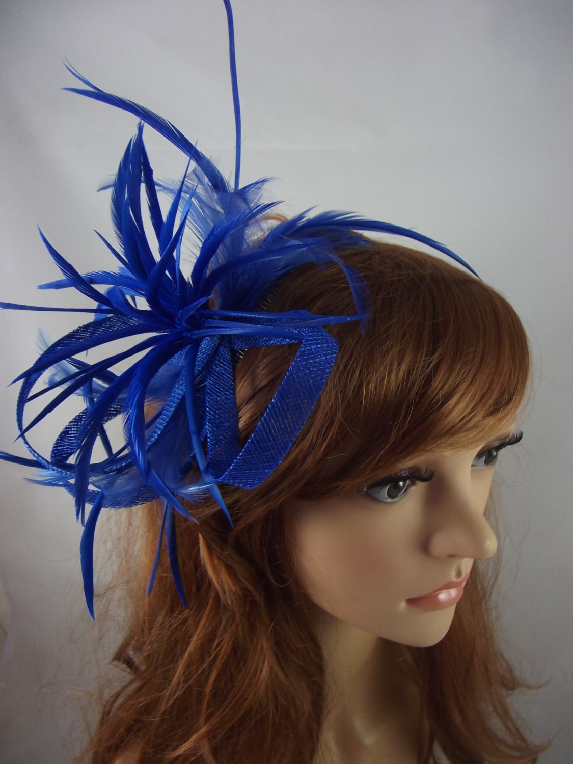 Royal Cobalt Blue Feather Spray Sinamay Comb Fascinator