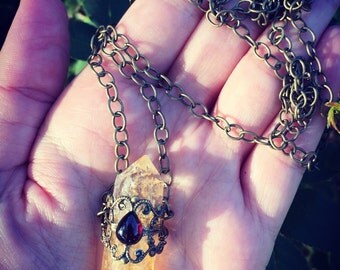 Double Terminate Citrine Point and Garnet Filigree Necklace