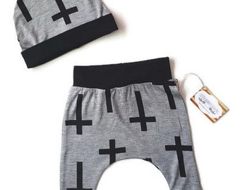 Baby boy gothic harem pants and beanie set, baby pant set, trendy baby boy clothes, harem pants with crosses, hipster baby, baby gift