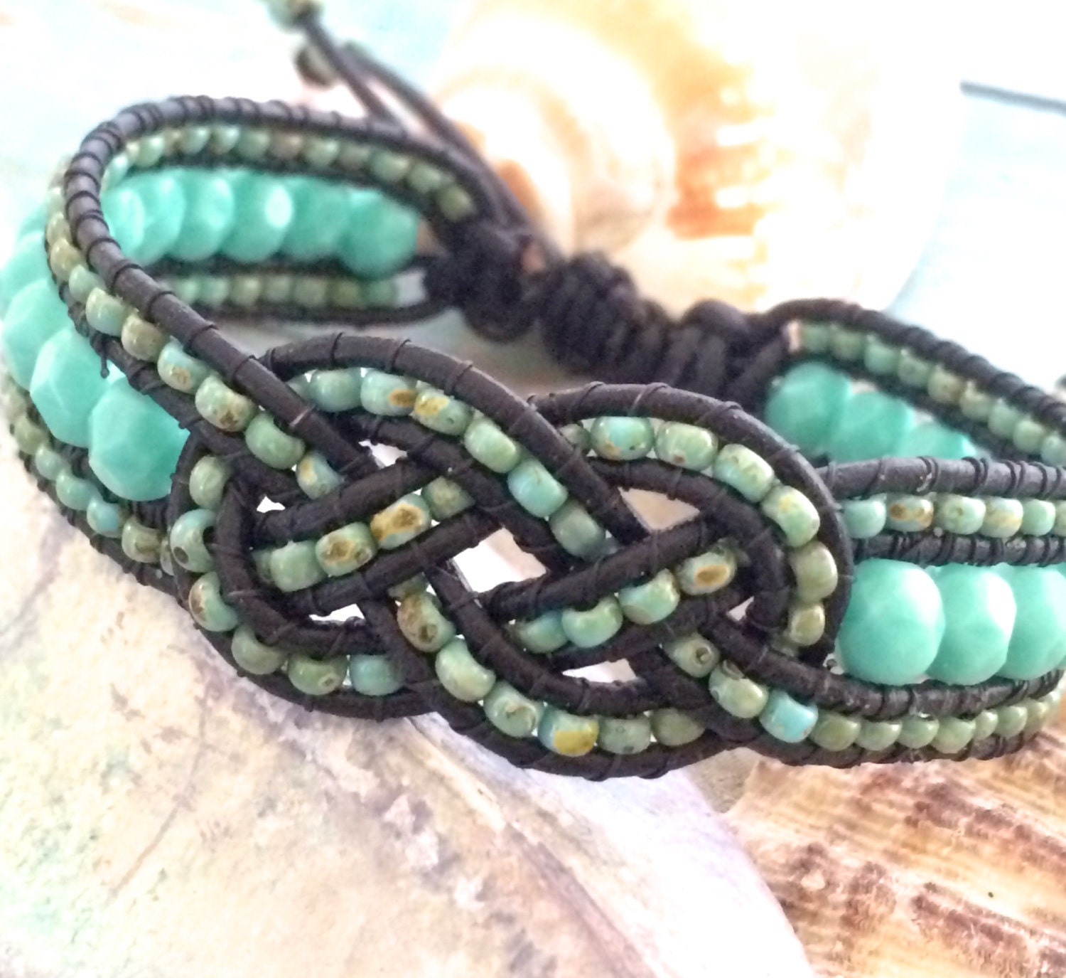 Beaded Josephine Knot Bracelet Leather Beaded Cuff Turquoise