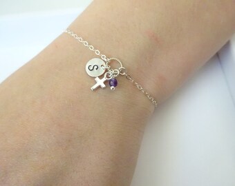 Petite Cross Bracelet, Amethyst barcelet with personalized initial disc, Birthstone jewelry, Girl Baptism Gift, Confirmation First Communion