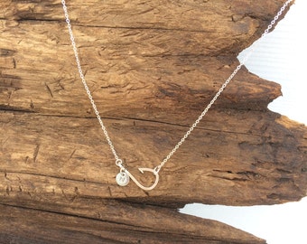Fish Hook Necklace with Initial, Fishing Necklace, Christian Jewelry, Fishing Hook Necklace, Fishing Jewelry, Sideways Fish Hook