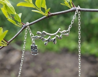Silver owl on the branch Owl necklace Tree pendant Nature inspired jewelry Gift for her Forest necklace Bird charm For daughter