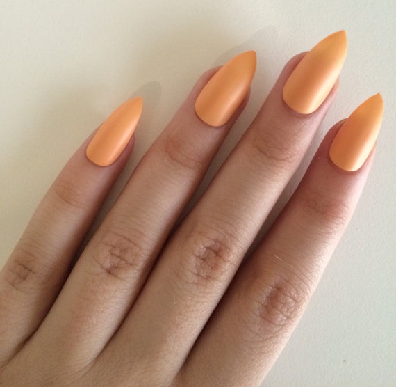 Items similar to Matte orange stiletto nails, hand painted acrylic ...