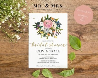 Customized Bridal Shower Invitation | Editable Bridal Shower Invite | Instant Download Watercolor Floral Bridal Shower Invitation MAM104_02