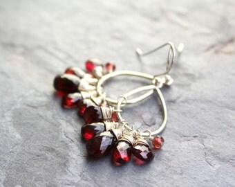 Garnet Earrings Chandelier Dangle Red Gemstone Earrings Sterling Silver Romantic Jewelry