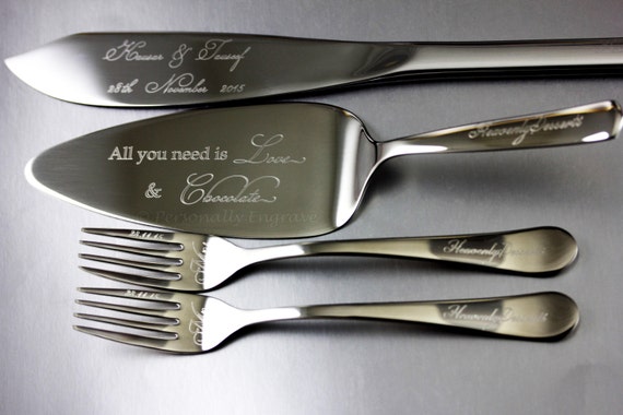 ENGRAVED WEDDING  CAKE  Server and Fork  Set  includes server