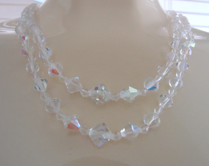 Mid Century Austrian Crystal Bead Necklace / Aurora Borealis / Bridal Wedding / Vintage Jewelry / Jewellery