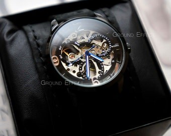Mens Skeleton Watch, Automatic Watch, Groomsmen Gift, Valentine's Sale, Steampunk Watch, Handmade Leather Band, Sale, Unisex, GEML-SD01