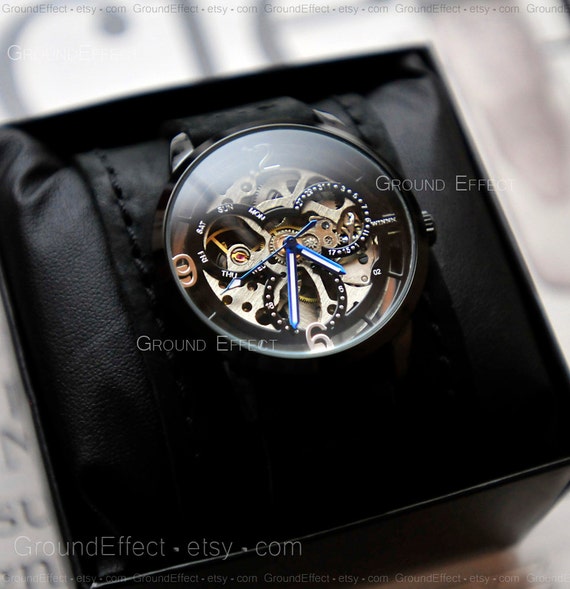 Mens Skeleton Watch, Automatic Watch, Groomsmen Gift, Steampunk Watch, Handmade Leather Band, Black Friday, Sale, Unisex, GEML-SD01 by GroundEffect steampunk buy now online