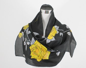 Yellow roses on silk, black and yellow silk scarf, hand dyed Silk Scarf Hand dyed, Yellow roses on a black background, Made to order