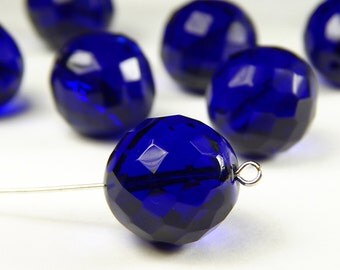 2 Pcs - 18mm Faceted Round Cobalt Blue Czech Glass Bead - Focal Bead - Crystal Bead - Spacer Bead - Jewelry Supplies