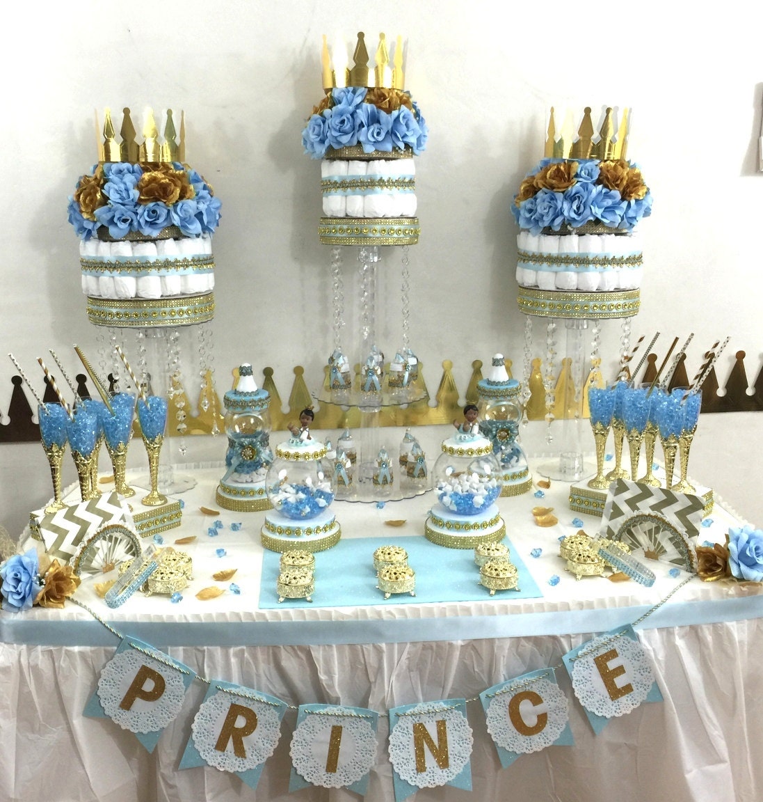 baby-blue-and-gold-baby-shower-candy-buffet-diaper-cake