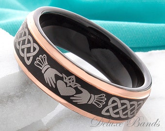 Claddagh Ring Tungsten Wedding Ring 7mm Black Rose Ring Irish Promise Ring Tungsten Anniversary Ring Men's Women's Tungsten Ring Comfort Fit