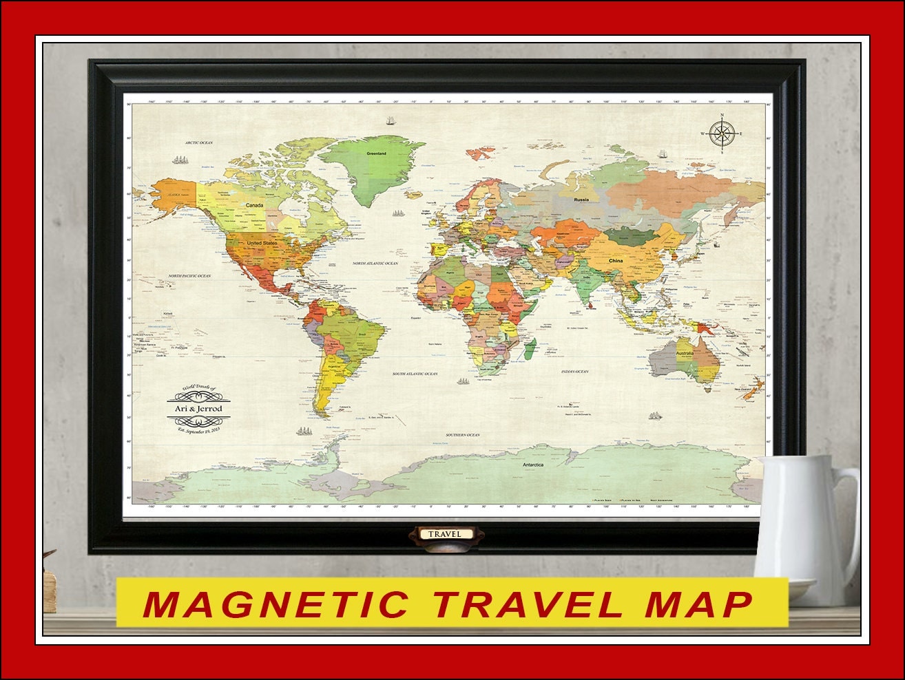 MAGNETIC Travel Map. Personalized Map. 24x36 World Travel Map