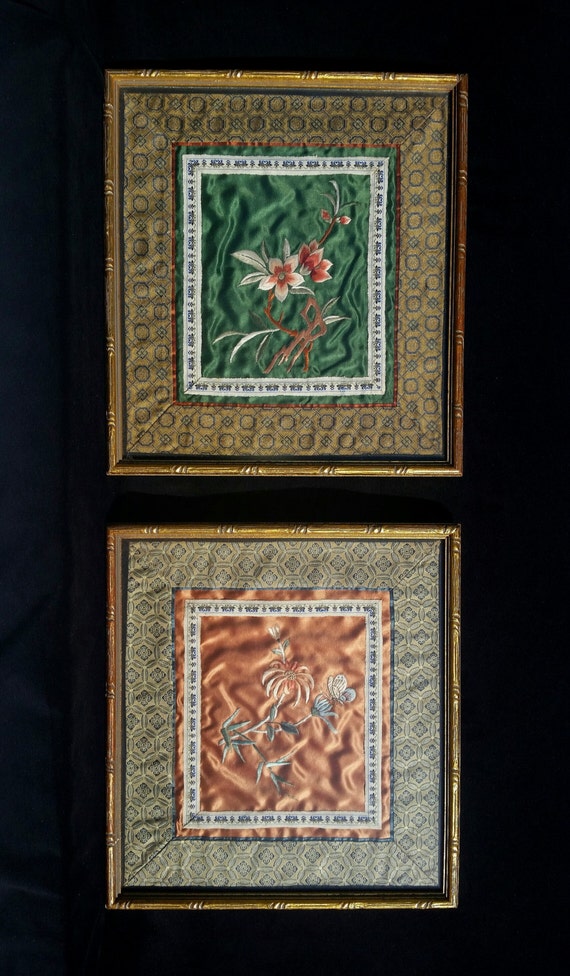 Antique Asian Art Silk Embroidery Picture Squares Flowers and