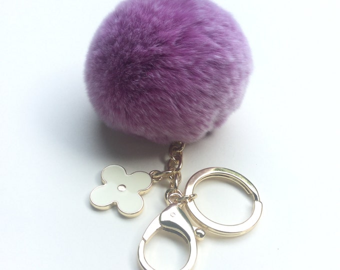New! Summer Collection Lavender Frost fur pom pom keychain bag charm flower clover keyring