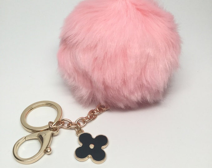 Dreamy Pink Faux Rabbit Fur Pom Pom bag Keyring keychain fake ball puff