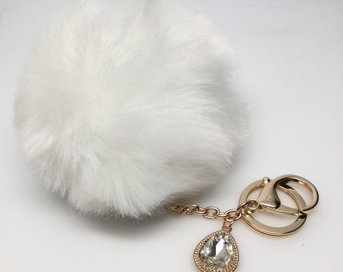 NEW! Faux Rabbit Fur Pom Pom bag Keyring keychain artificial fur puff ball in White Crystals Collection