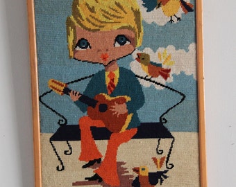 Canvas drawing pop guitarist 70s bird blue orange / Holy 10 vintage decoration / Holy10